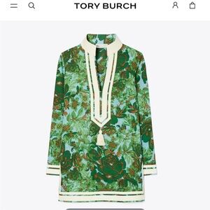 Tory Burch Blue and Green Floral Tunic with Ivory Trim